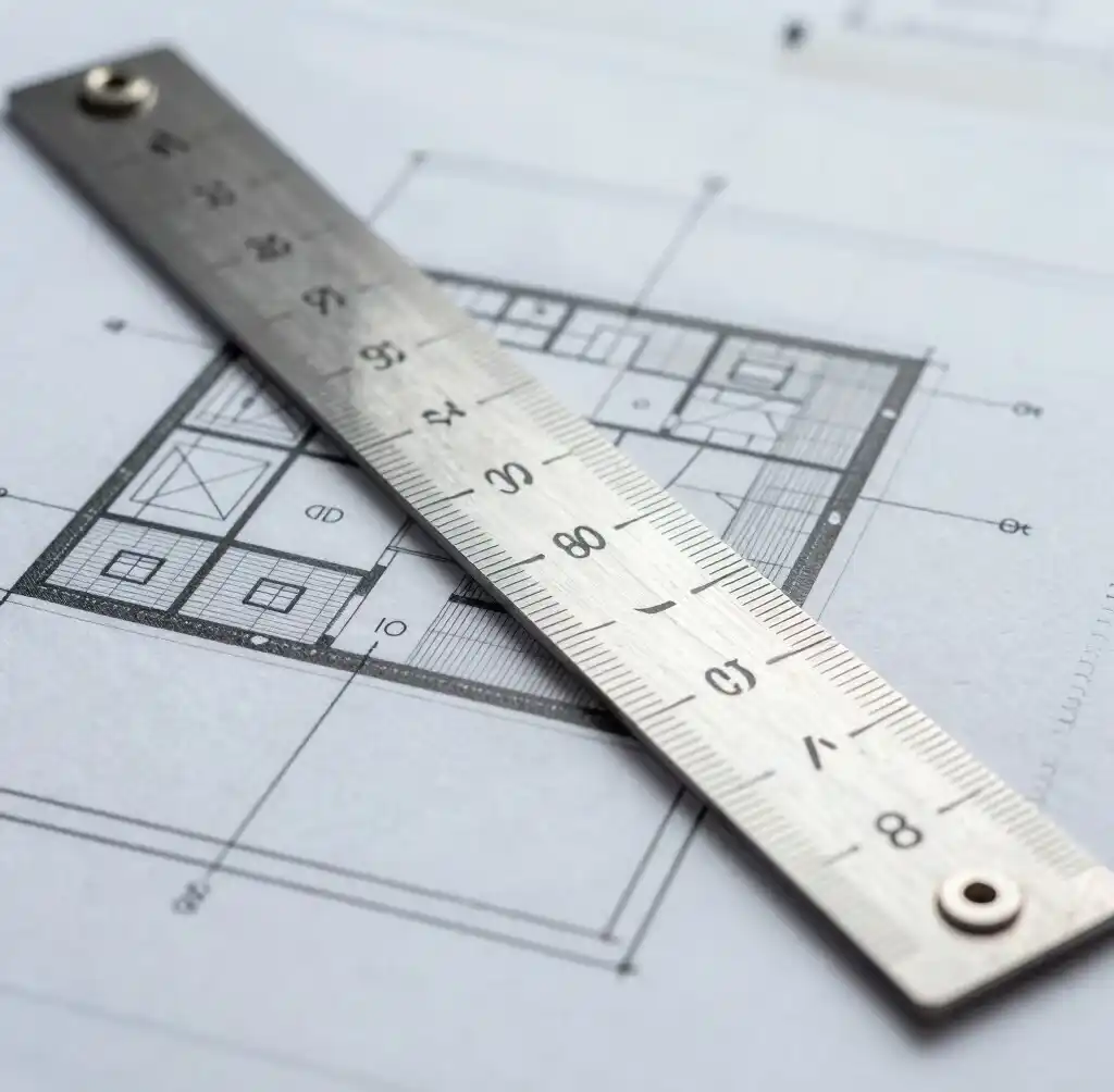 Plano técnico y regla utilizados en el análisis de una tasación